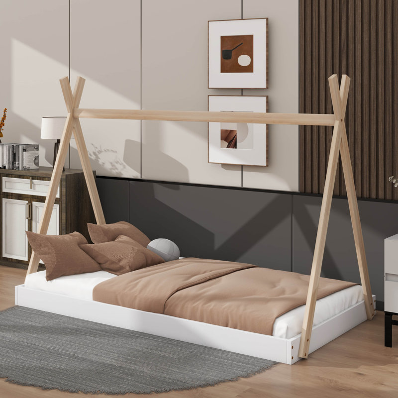 Lit de sol simple de style tente avec structure triangulaire, Blanc/naturel