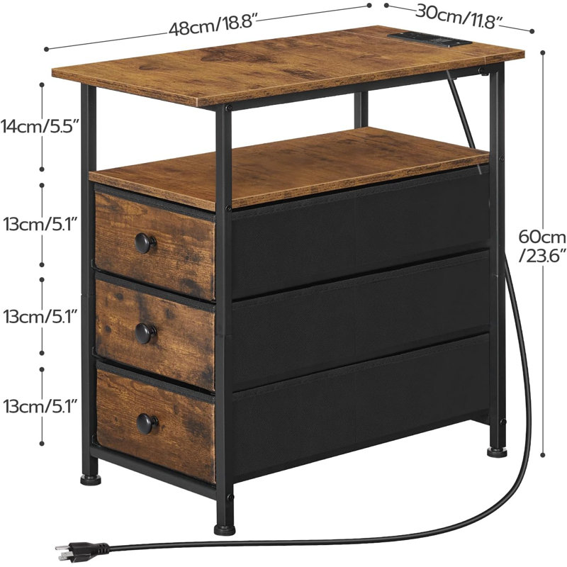 Table d'appoint rustique avec station de charge, tiroirs en tissu, tablettes ouvertes pour petits espaces