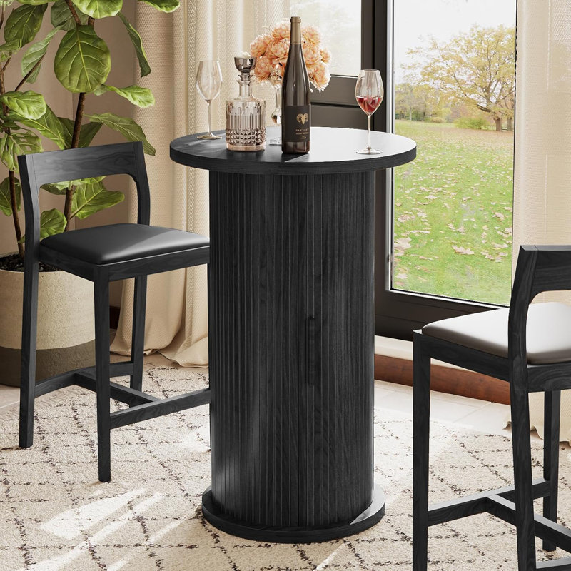36.4" Tall Bar Table, Small Kitchen Cocktail Table, Sliding Door Round Fluted Base With Hidden Storage Space,For Small Space, Pub, Bistro, Living Room