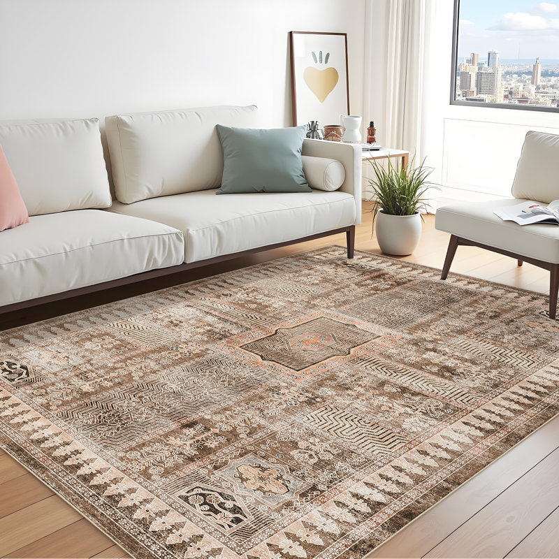 Grand tapis lavable rétro 9 x 12 po, Beige, Rectangle 9 pi x 12 pi