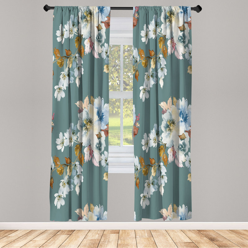 Microfiber Floral Semi-Sheer Rod Pocket Curtain Panels, 28" W x 95" L, Turkish Blue
