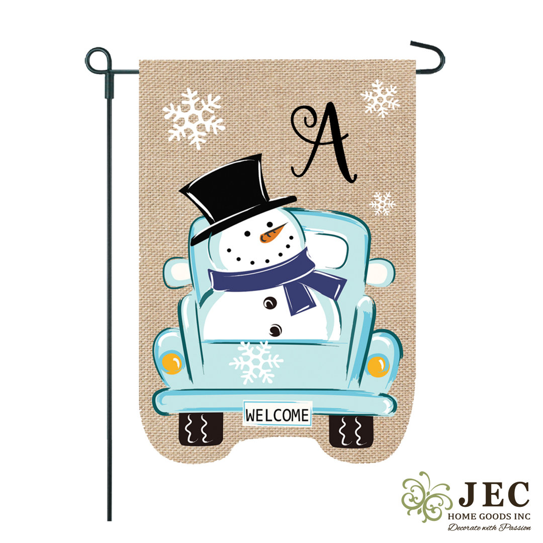 Snowman Pickup Truck Monogram 2-Sided Burlap 18 x 12.5 in. Flag Set JEC Home Goods Monogram 