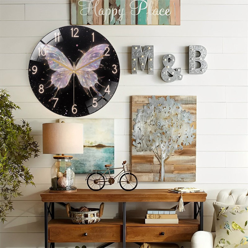 Horloge murale en forme de papillon avec horloge murale moderne en verre 12 po
