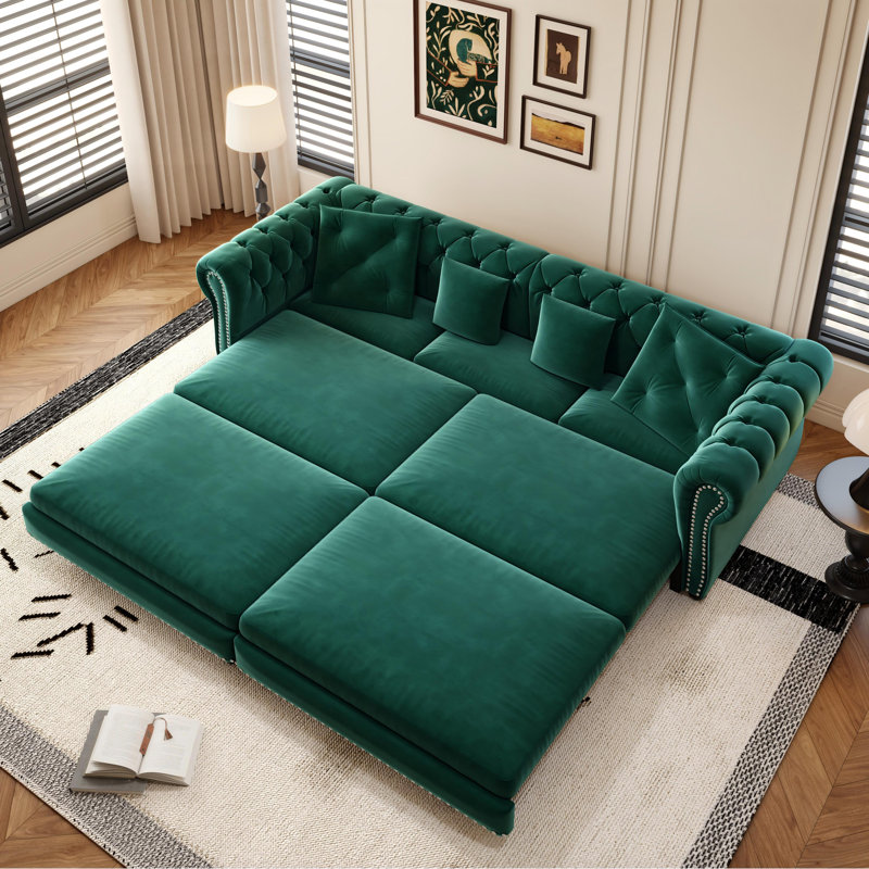 89" Velvet Sleeper Sofa Bed, Pull-out Convertible Couch Bed, Upholstered Chesterfield Sofa Bed with 4 Pillows, Green, Green