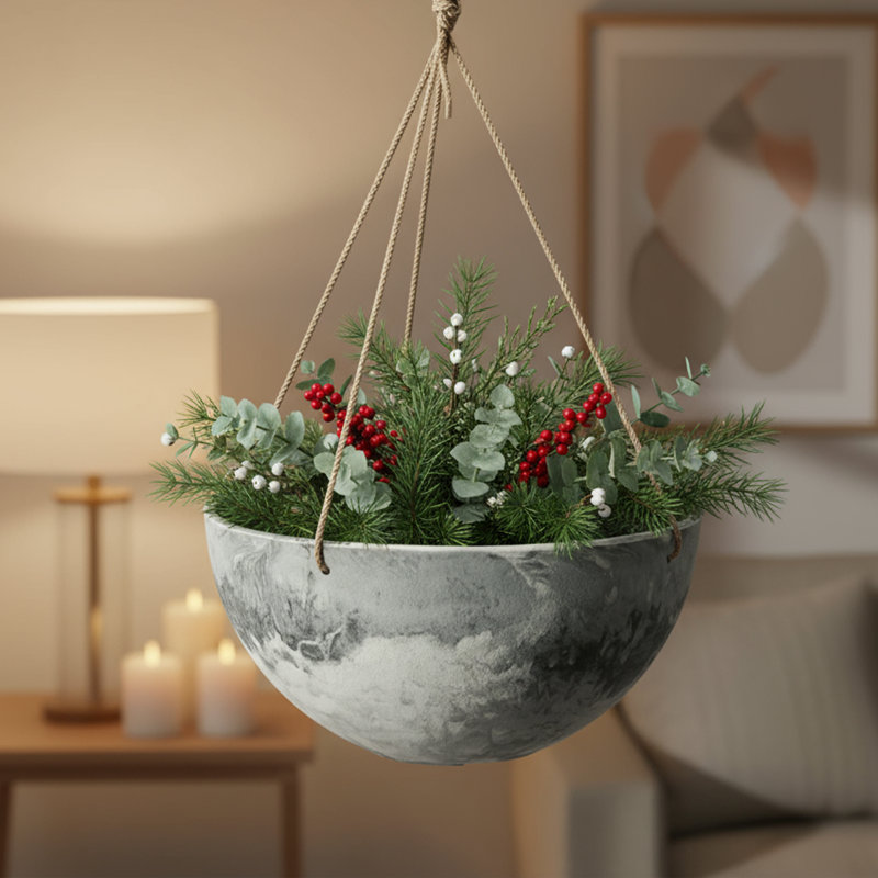 Algreen Acerra Hanging Planter, Set of 2 (Composite with Macramé Hangers, Indoor/Outdoor), Gray