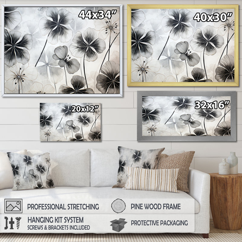 Minéralisme noir et blanc géraniums II - impression, H 12 po x l 20 po x P 1 po, Cadre doré simple