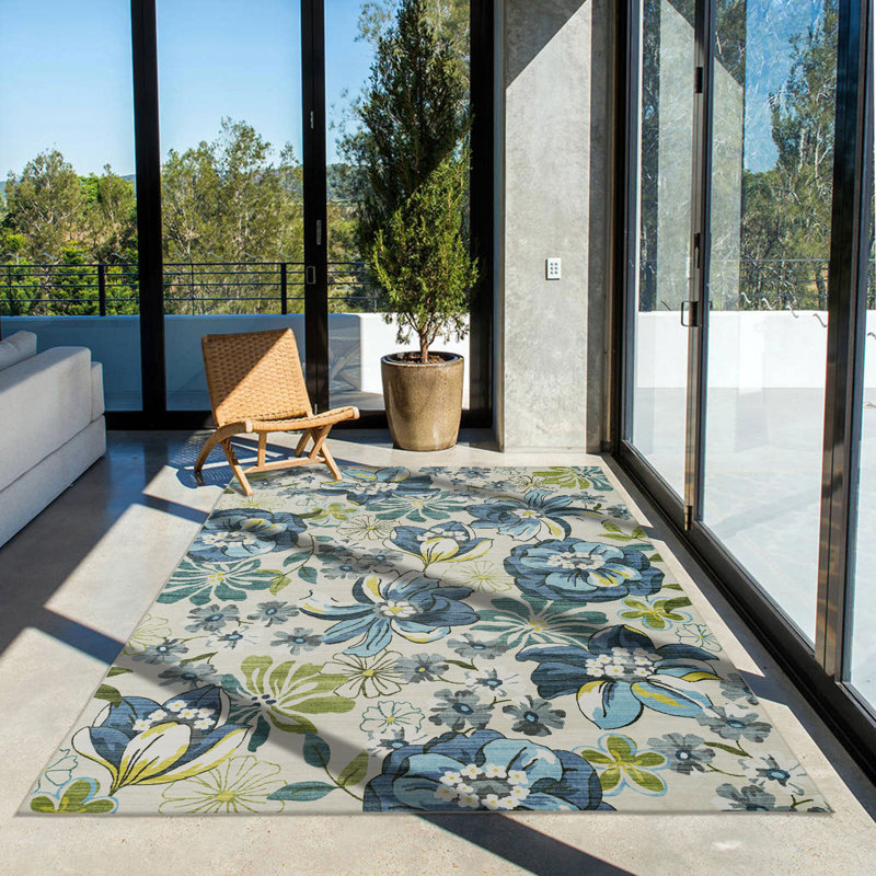 Blue and Green Floral Synthetic Rectangular Area Rug