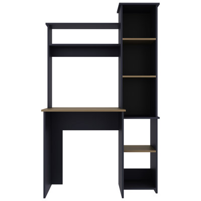 Bureau d'ordinateur bleu marine avec bibliothèque latérale et cinq tablettes ouvertes pour la disposition des dossiers dans les petits espaces, dont deux pour la gestion principale
