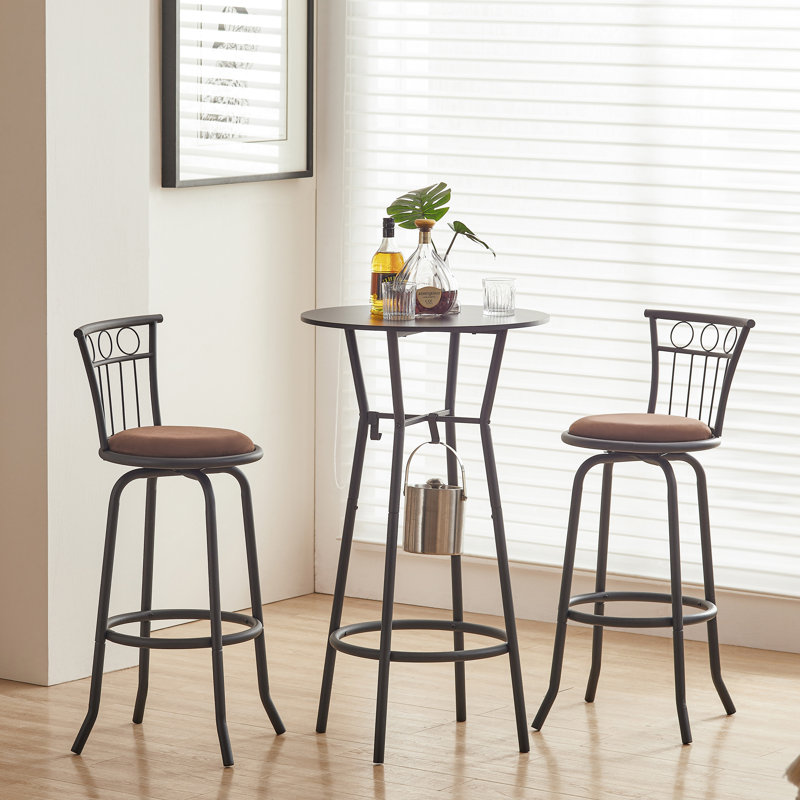 3 Bar Table and Chairs Set Dining Room Industrial Counter Height Bar Chairs with Metal Back Fabric Seat