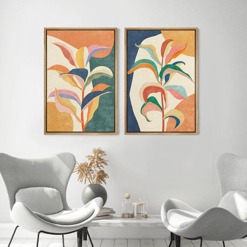 Abstract Botanical " Colorful Tropical Jungle Leaf Botanical " 2 - Pieces, 24" H x 32" W x 1.5" D, Natural