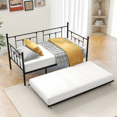 Lit simple avec structure en métal avec lit gigogne, canapé-lit simple, lit de jour et canapé-lit pour chambre d'amis, chambre à coucher, salon, style victorien, noir