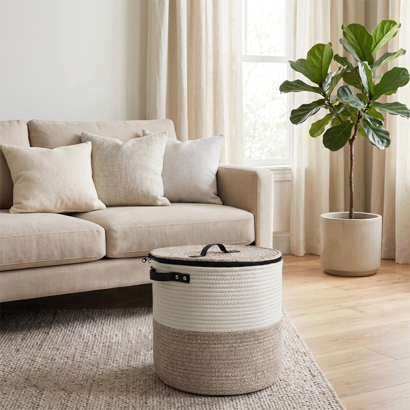 Panier à linge 14 po en corde de coton avec couvercle - Panier de rangement rond tissé de 58 L avec poignées pour vêtements, couvertures et jouets, panier de rangement moderne anti-poussière