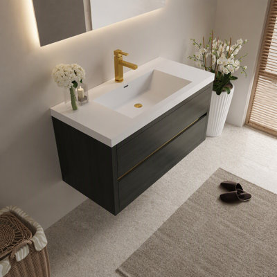Meuble-lavabo mural de 42 po avec lavabo, meuble de rangement flottant avec comptoir en résine de pierre et tiroirs à fermeture en douceur entièrement assemblés, bois espresso 24V15-42EW-W1920P414544