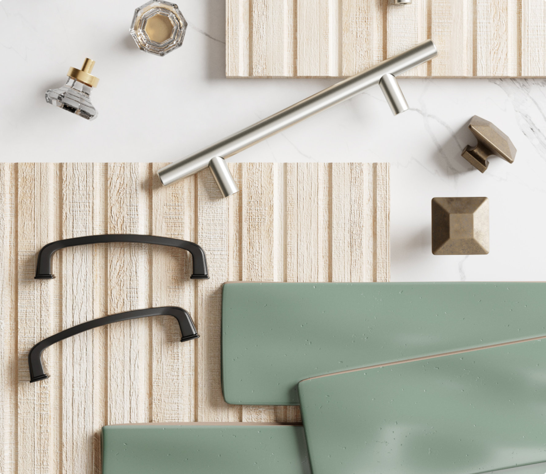 An assortment of cabinet hardware and material samples.