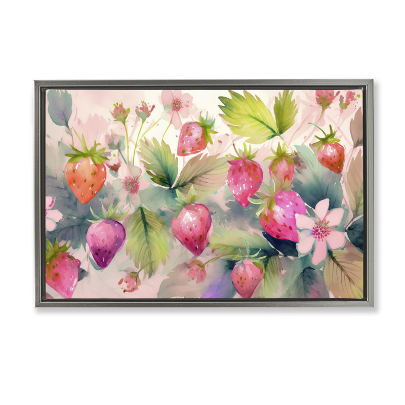  «Pink Strawberries & Bloom», toile flottante encadrée par Alina Georgescu, H 21 po x l 31 po, Cadre flottant gris lustré
