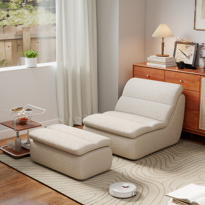 Ensemble de fauteuil à billes et repose-pieds en mousse de chenille sans accoudoirs, Chenille beige