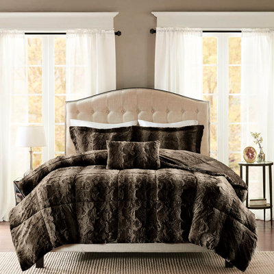 Literie en fausse fourrure double / grand - brun foncé avec 2 taies décoratives et un attrayant édredon décoratif, brun, taies décoratives, un jeté merveilleux