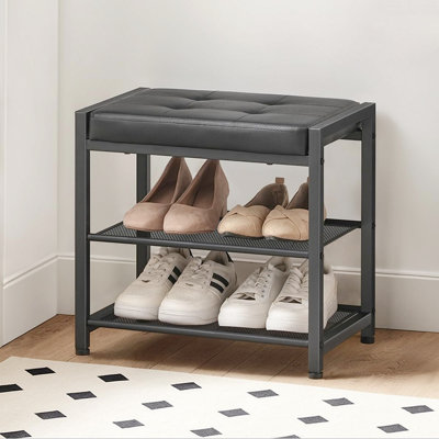 3-Tier Shoe Rack Bench With PU Seat Cushion, Metal Mesh Shoe Storage Organizer For Entryway Hallway, Freestanding Small Shoe Bench