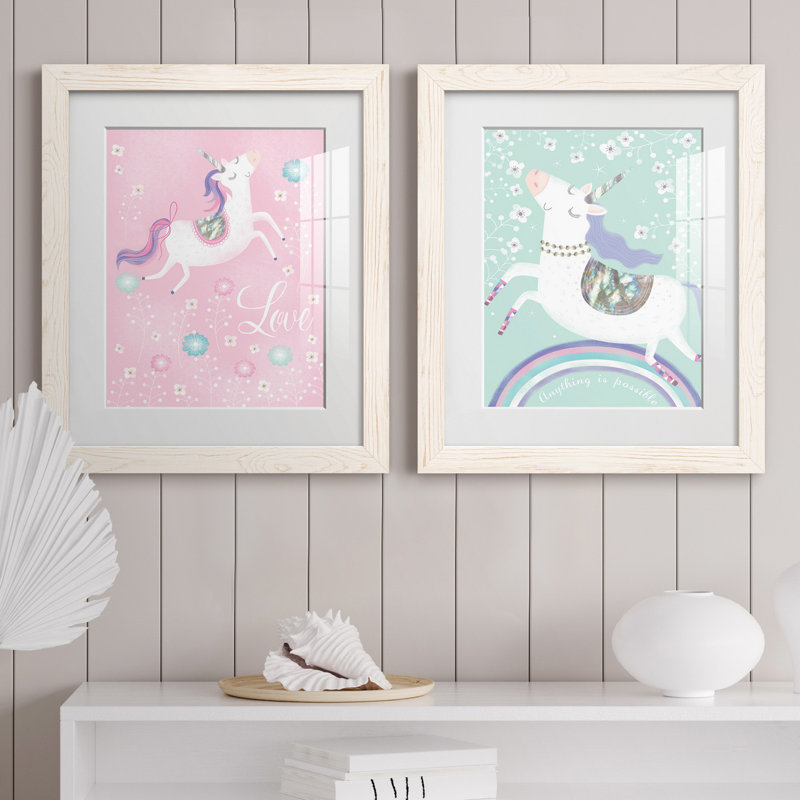 «Love Unicorn», ensemble de 2 impressions, Blanc, H 24 po x l 36 po x P 1,5 po, Papier encadré blanc