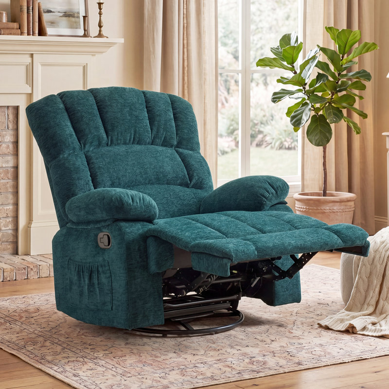 Breasha 39.7" Wide Manual Upholstered Swivel Rocker Recliner, Teal Chenille