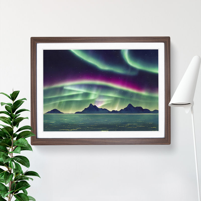 Watercolour Aurora Borealis Vol.3 - Single Picture Frame Painting, Walnut Framed, 46cm H x 64cm W x 2cm D
