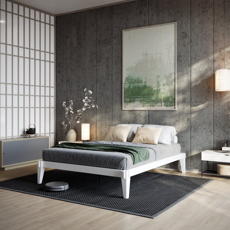 Jamerian Solid Wood Platform Bed Frame Without Headboard, Modern Bed, Queen, Ivory White