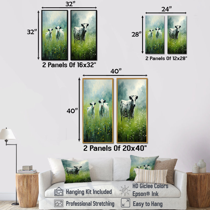 Vache dans les pâturages verdoyants - Ensemble de 2 décorations murales de vache, H 28 po x l 25 po, Toile tendue