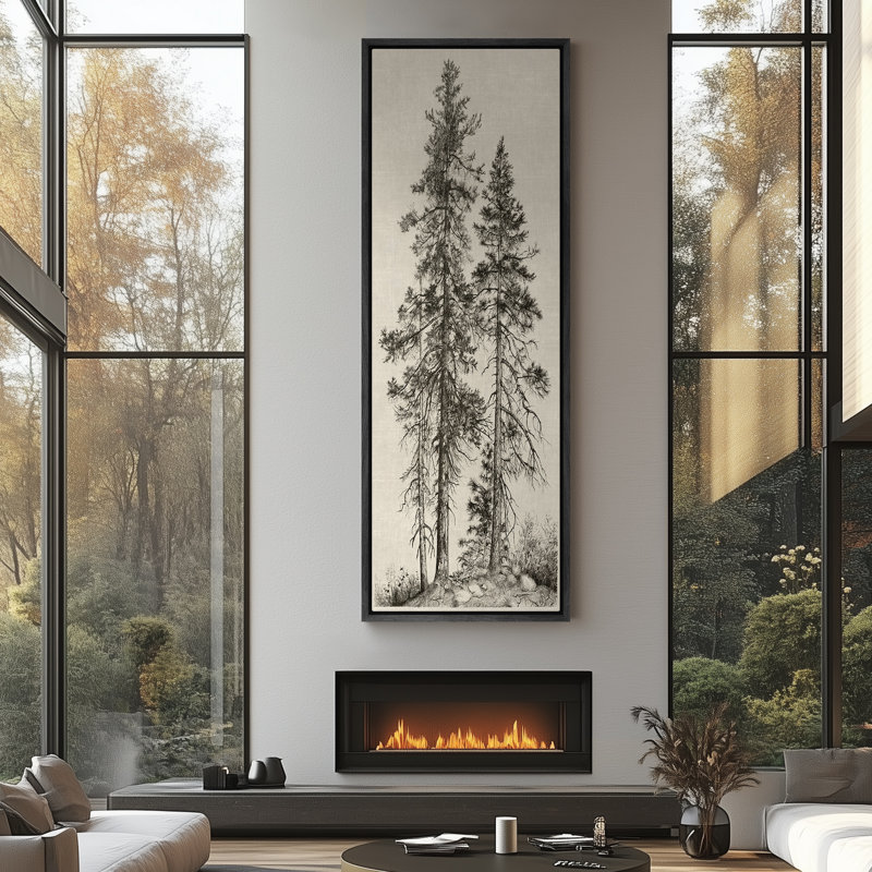 Vintage Pine Trees Drawing Classic Modern Art, 60" H x 20" W, Black