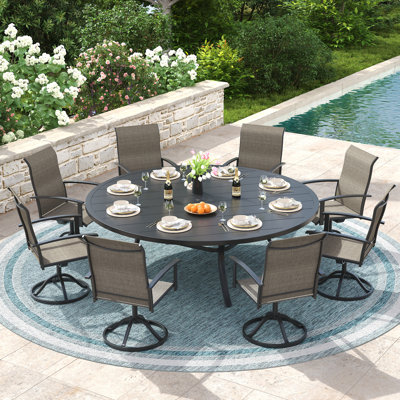 Ensemble de salle à manger 8 personnes avec table ronde de 60 po et 8 chaises pivotantes en textilène