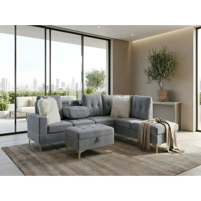 Canapé modulaire en velours gris Pershore avec pieds dorés