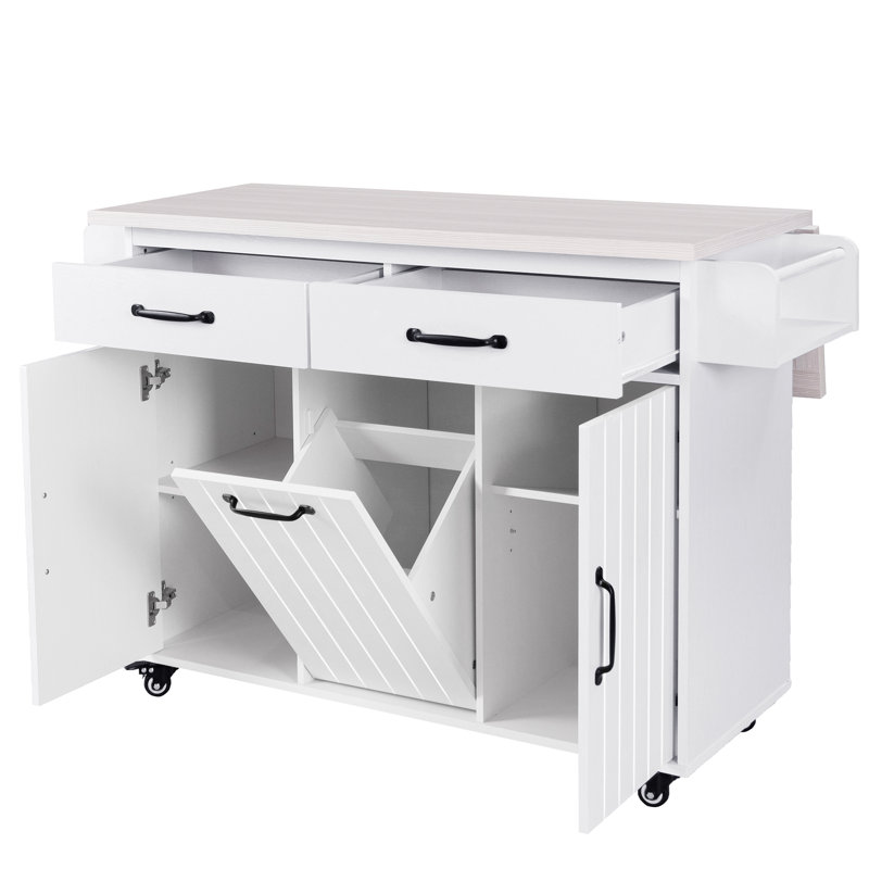 Kitchen Island with Trash Can Storage Cabinet, Kitchen Cart with Drop Leaf, Spice Rack, Towel Rack and Drawer, Rolling Kitchen Island on Wheels with Adjustable Shelf