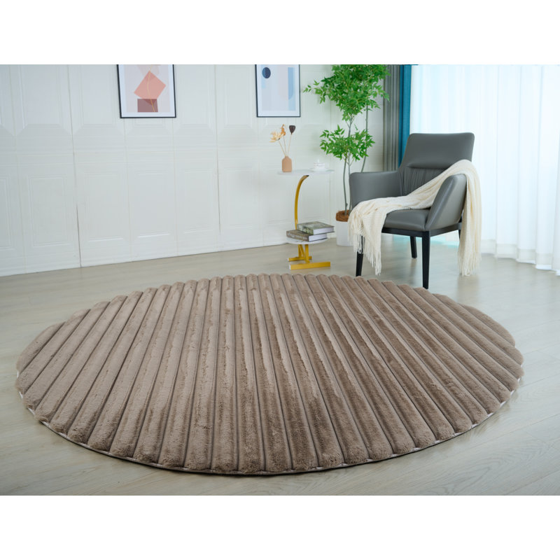 Nickole Collection Taupe Ultra Soft Ribbed Faux Fur Area Rug, Round 7'
