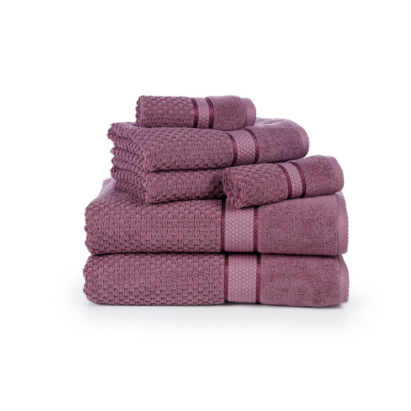 Collection de serviettes texturées 100% coton Mulaayam, Ensemble de serviettes 6 pièces, Mauve raisin