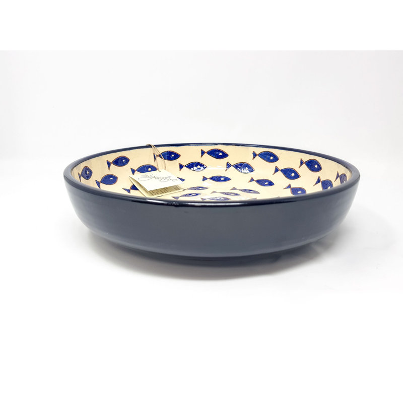 August Grove Mirano Ceramic Salad Bowl, Cream/Blue