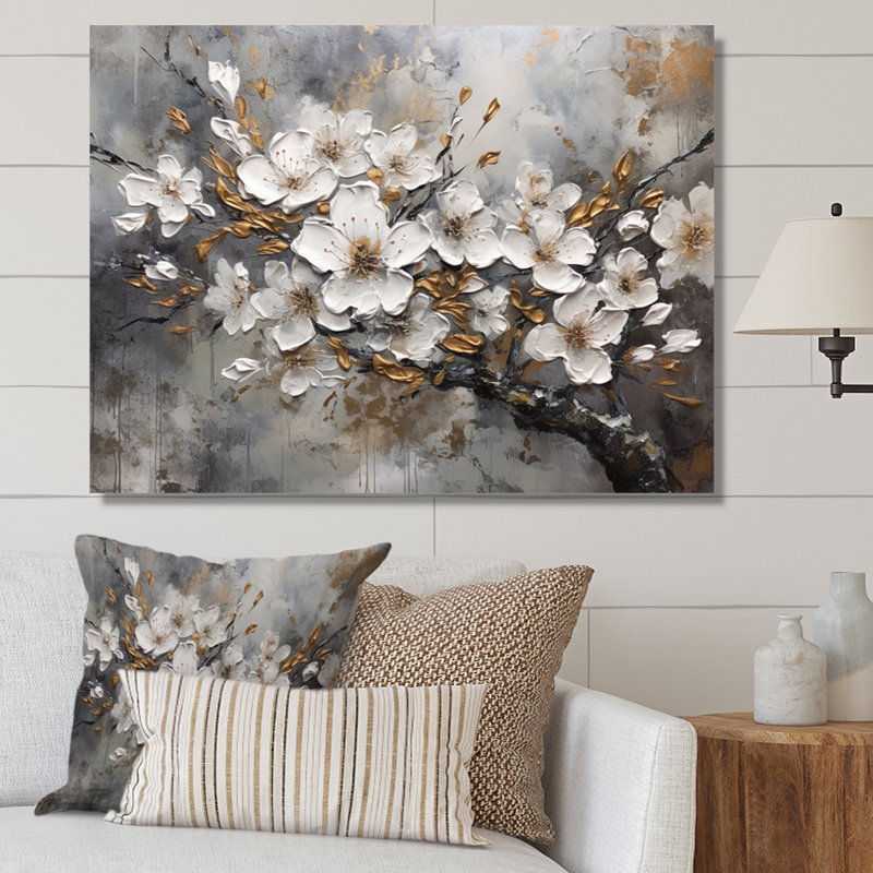 Harmonie I de cerisier blanc et gris - art mural floral pour le salon, H 30 po x l 40 po x P 1,5 po, Toile tendue