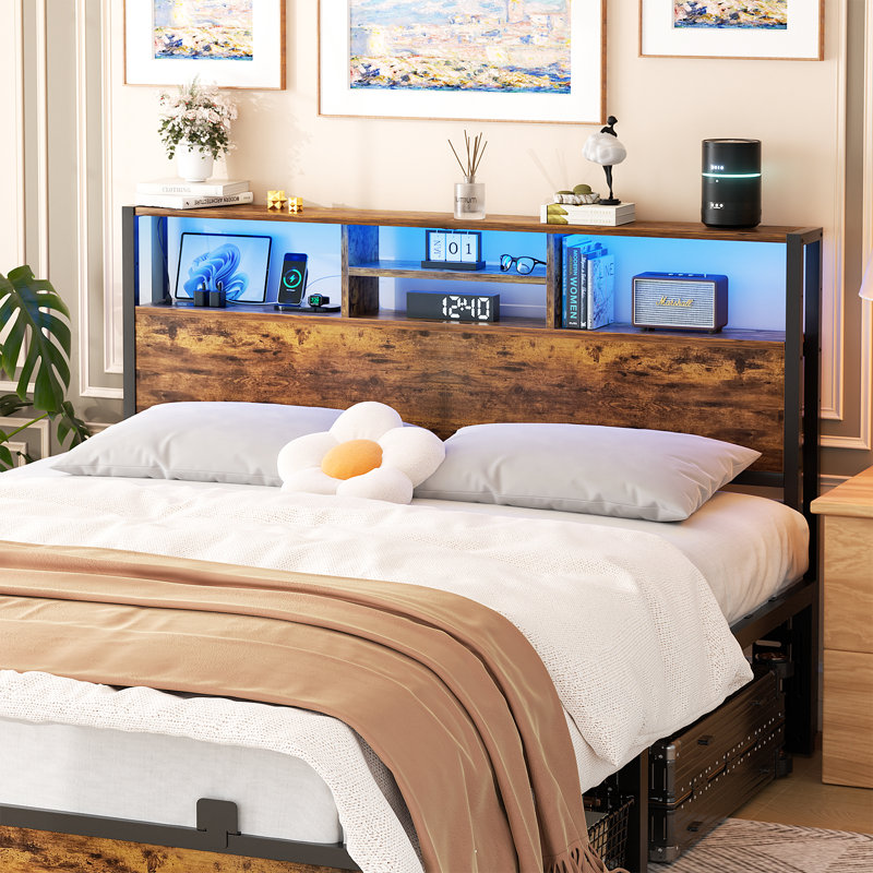 Tête de lit Lozandier avec rangement, prise de courant, ports USB et bande DEL, Grand, Noir