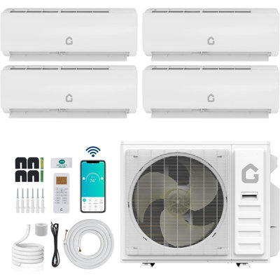 Système de mini pompe à chaleur à deux zones 35 000 BTU à 35 zones, 19 unités SEER2 Wi-Fi, unités intérieures 4 x 9 000 BTU, condensateur préchargé, 208 à 230 V pour le contrôle de la température dans plusieurs pièces