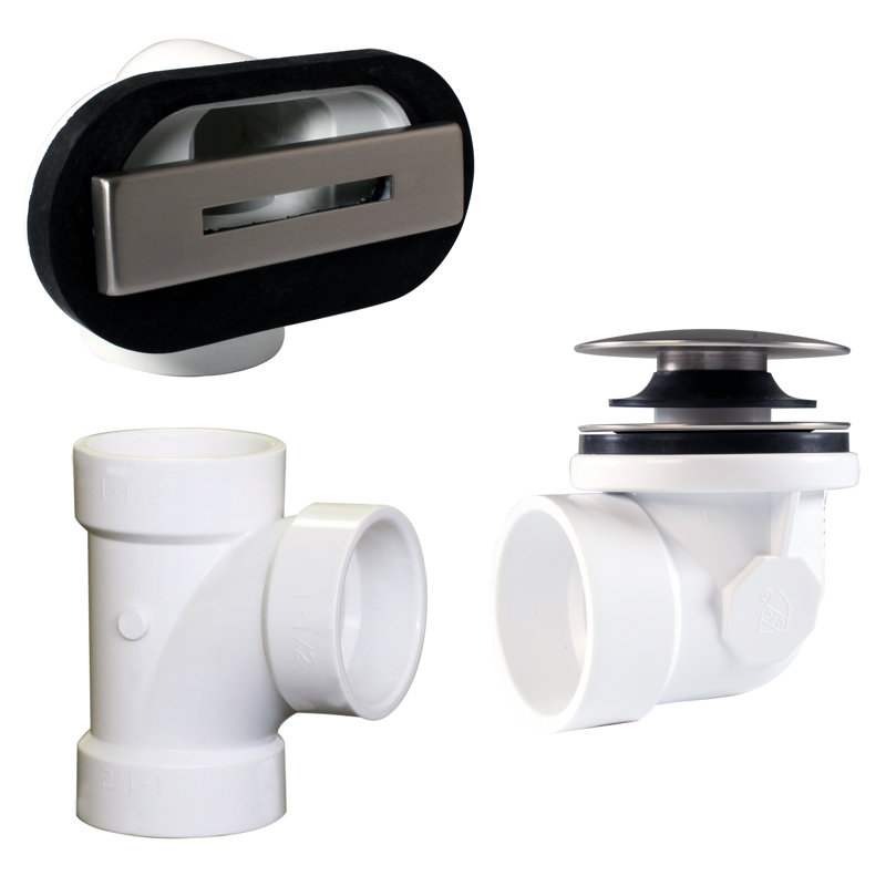 Sch. 40 PVC 1-1/2" Plumber's Pack Tip-Toe Bathtub Drain with Linear Overflow, Tee & Elbows, Satin Nickel