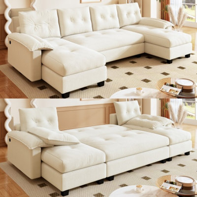 104.7" U-Shaped Sleeper Sofa with Pull Out Bed,2 in 1 Convertible Couch Bed with Removable Armrests & USB Ports,Oversized Sectional Modular