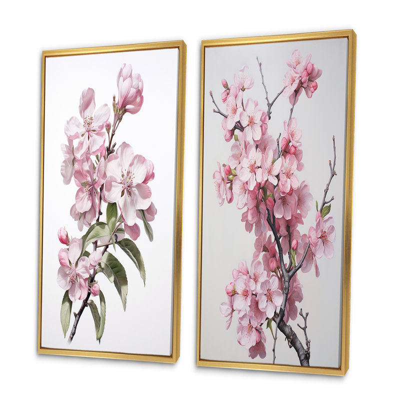 «Fleur de pommier monochromatique élégance XIII», 2 pièces sur toile, Encadrement doré, H 40 po x l 40 po