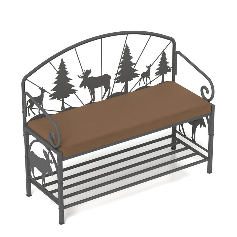 Banc rustique rembourré pour entrée, conception traditionnelle américaine, tissu brun antique, structure en métal, sièges confortables, rangement pour chaussures sous la tablette ouverte, profondeur de 39,93 po, banc de rangement de 15,97 po de largeur,