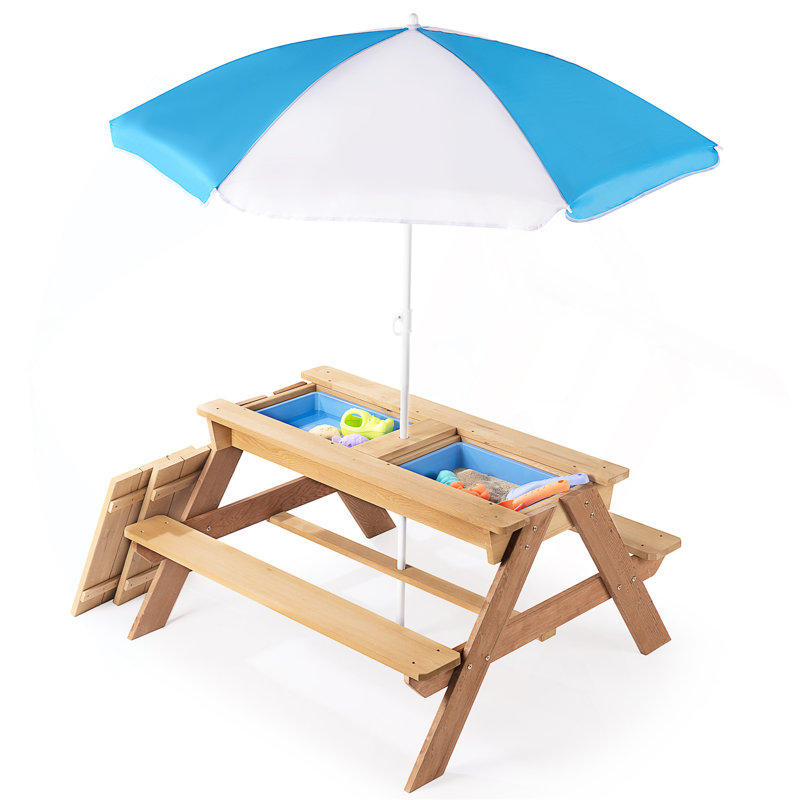 Table de pique-nique d'extérieur en bois 3 en 1 avec parasol, sable convertible et wate, certification Grey Astm et Cpsia