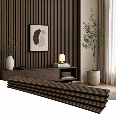 Panneaux muraux acoustiques en bois (lot de 4), 240 x 32 cm, revêtement mural insonorisé en bois, panneau cannelé 3D pour la décoration intérieure (salon, chambre) - Noyer