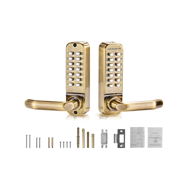 Serrure de porte mécanique sans clé, serrure de porte mécanique à 14 touches, serrure de porte à clavier mécanique avec poignée, serrure de portail étanche double face en acier inoxydable sans clé