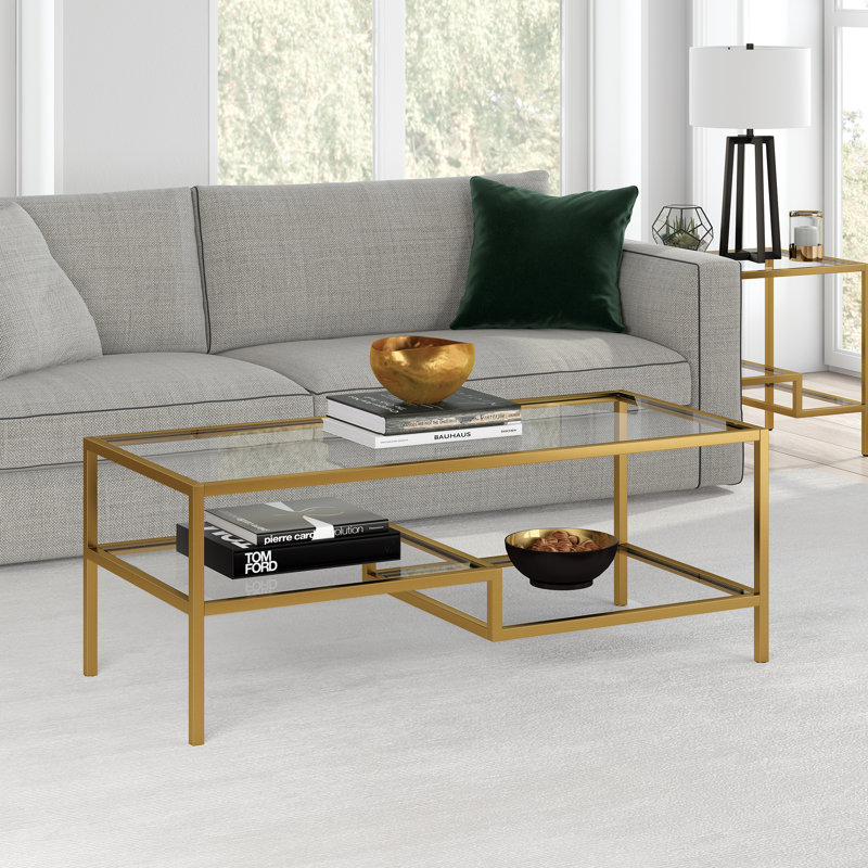 Four Leg Coffee Table with Storage, 43 cm H x 114 cm W x 56 cm D, Brass