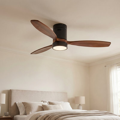  52-inch Modern Ceiling Fan with Light, 3 Solid Wood Blades, DC Motor, 6 Speeds, Flush Mount for Bedroom, Living Room