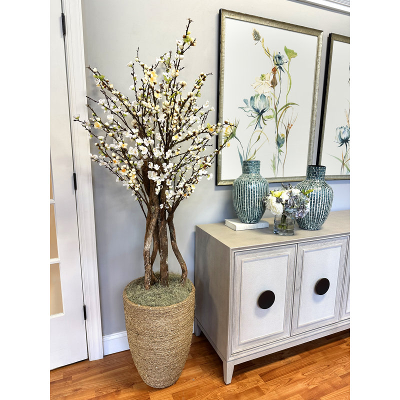 White Cherry Blossom Tree in Tan Pot, 73" H x 32" W x 32" D