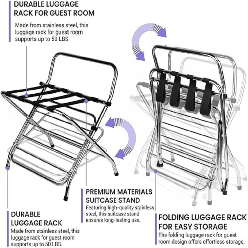 Porte-bagages USTECH à deux niveaux avec porte-valise pliable chromé à haut dossier, porte-bagage d'hôtel, assemblage automatique, structure en métal durable (paquet de 2)