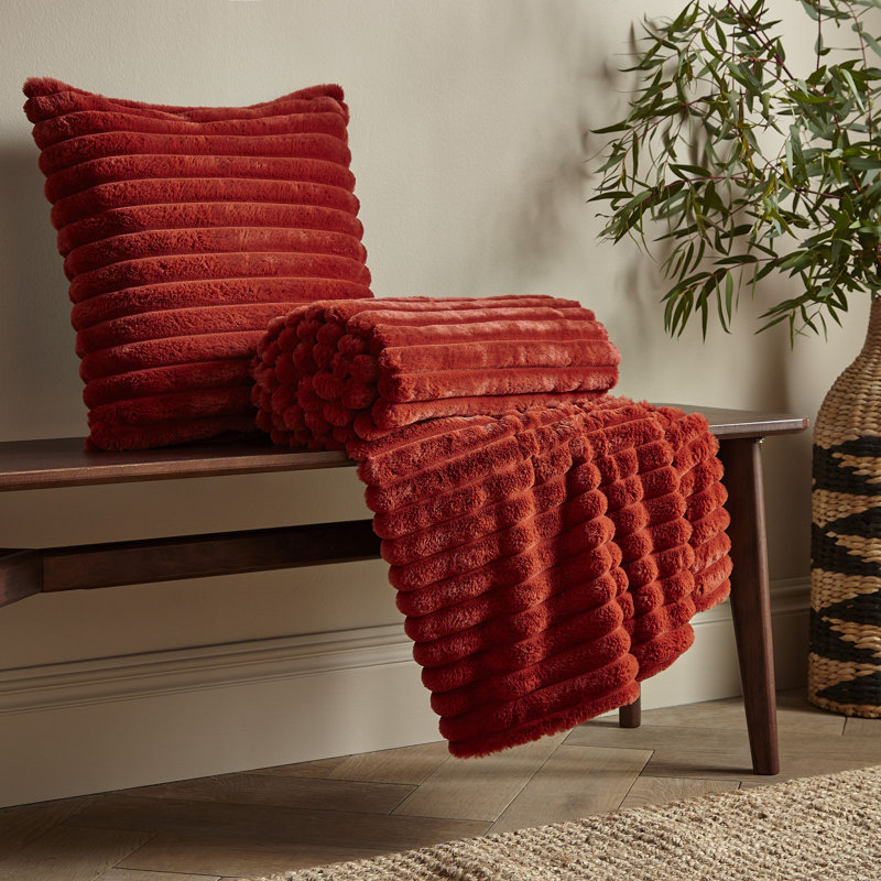 Cosy Ribbed Faux Fur Blanket Throw, Burnt Orange