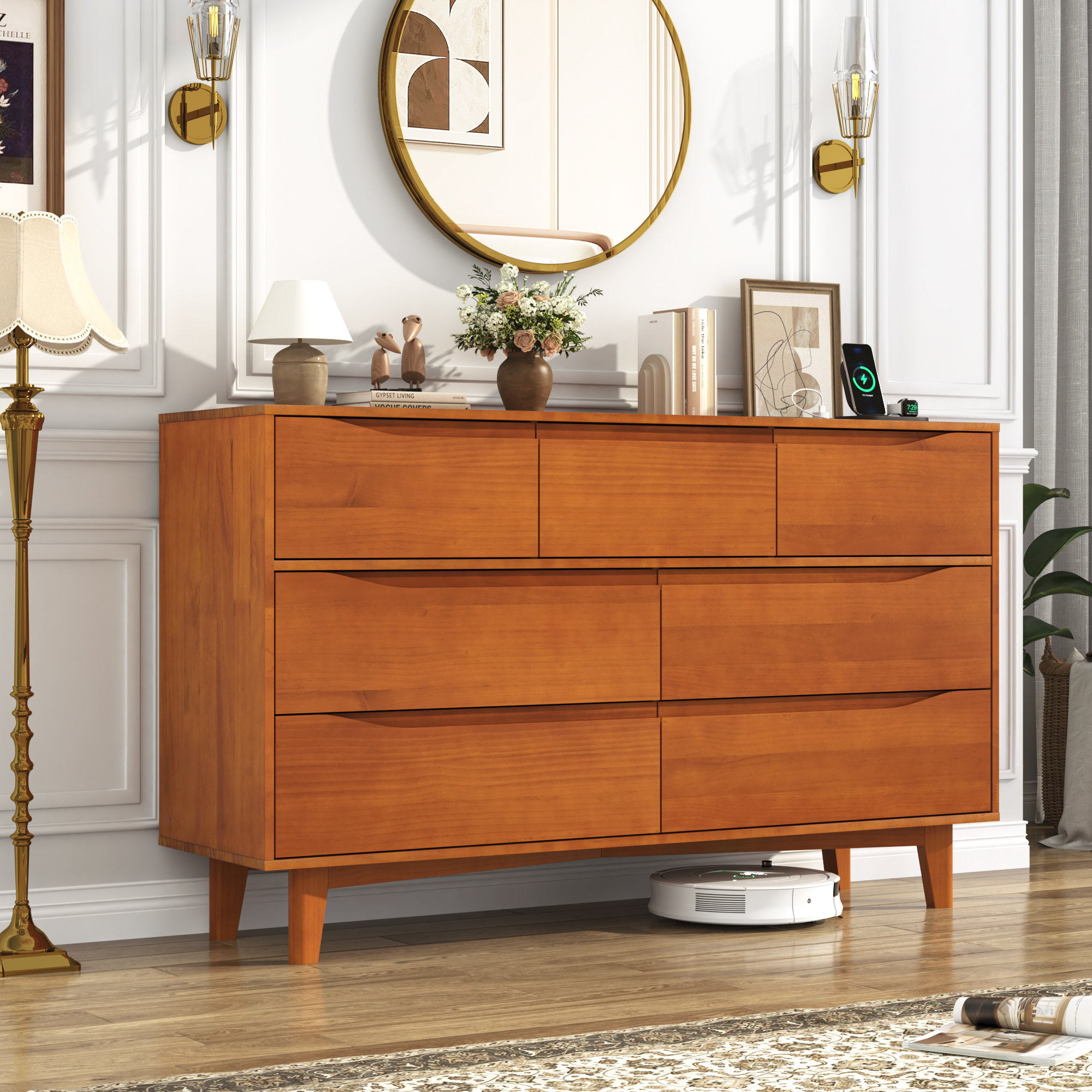 Mercer41 7 Drawer 55.12” Solid Wood Dresser With 2 Sockets and 2 USB ...